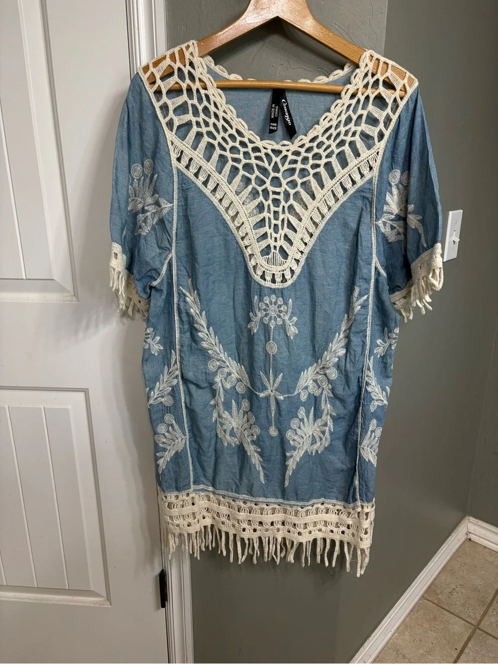Mango Blue Embroidered Boho Tunic with Cream Crochet